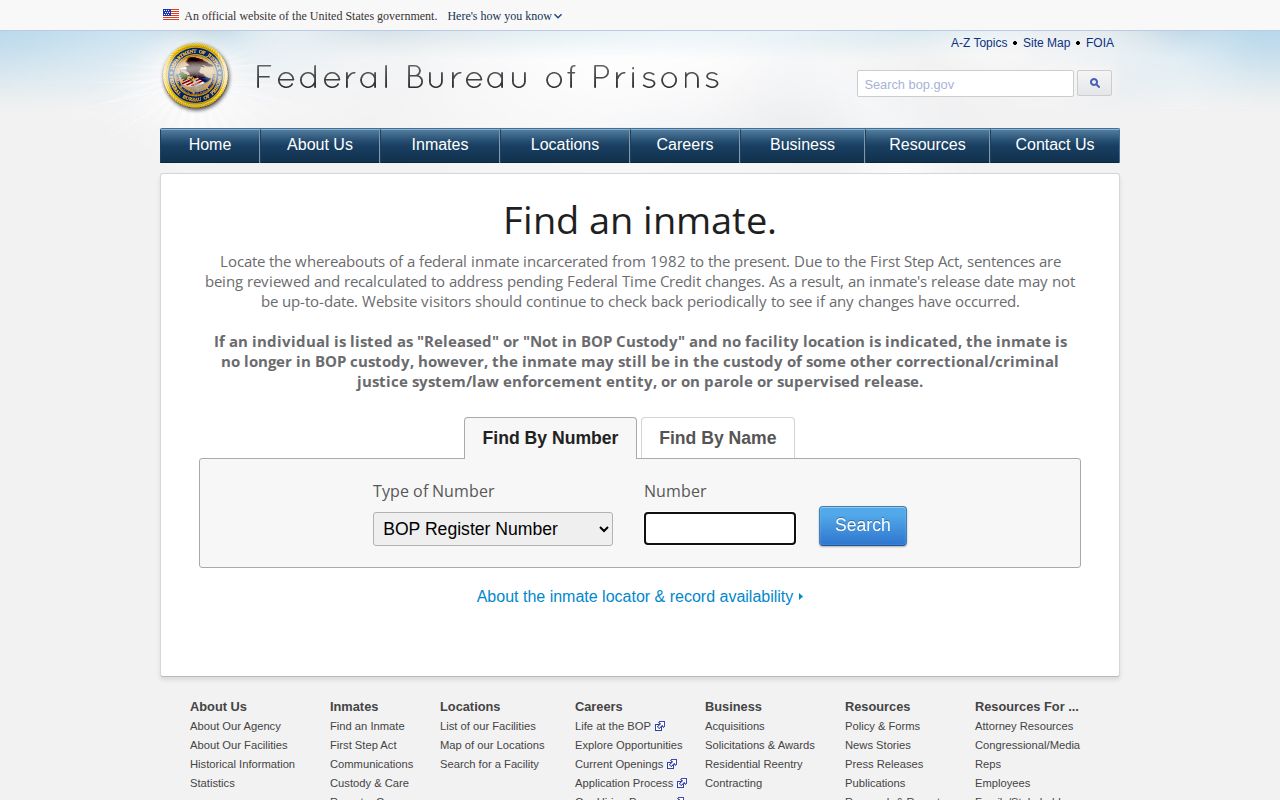 Federal Bureau of Prisons locator form for federal custody without a photo field