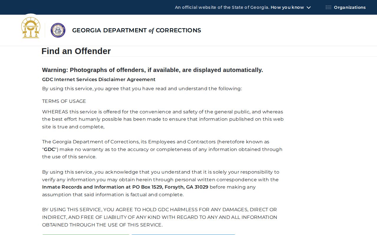 Georgia Department of Corrections offender query form for state custody records