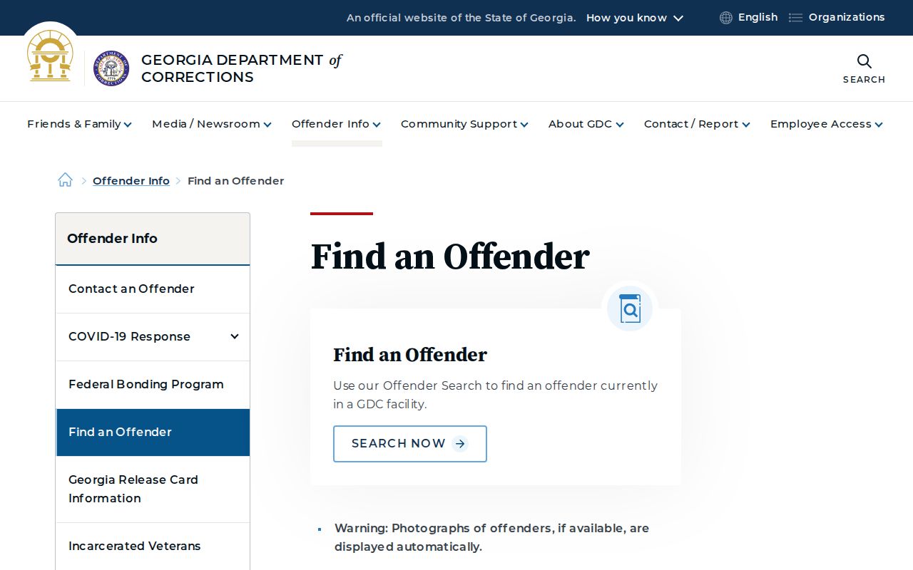 Georgia Department of Corrections offender search scope and photo availability notice