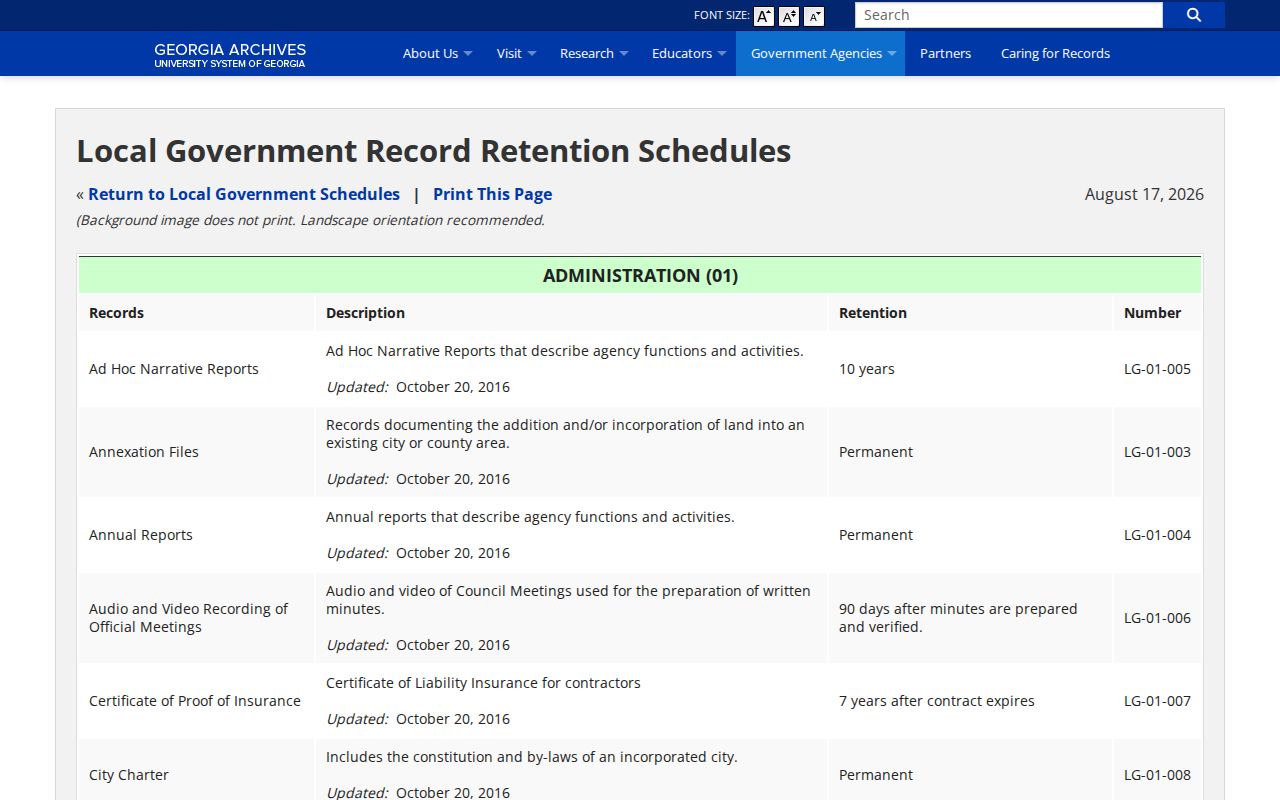 Georgia Archives LG-19-060 and LG-19-061 retention rules for Bibb jail records
