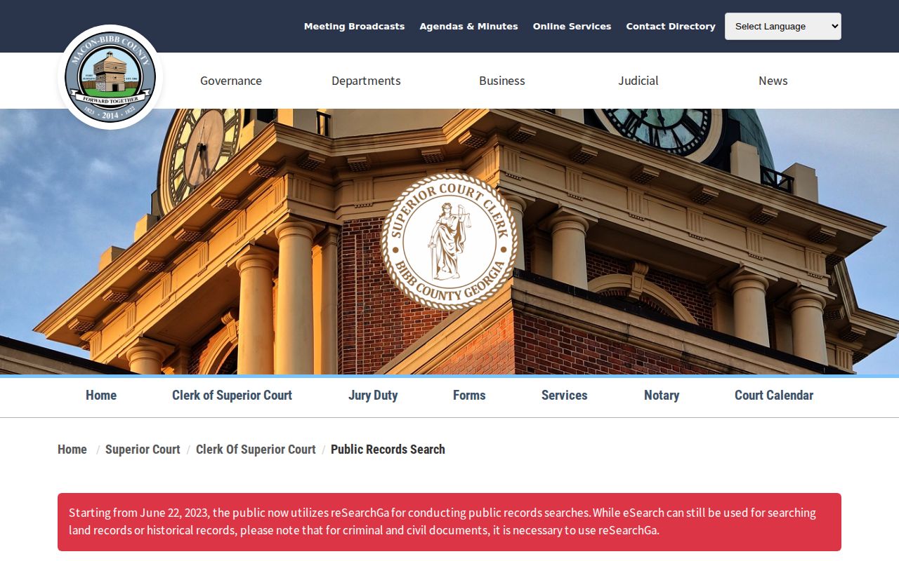 Official Bibb County court-search routing for a news story and booking record