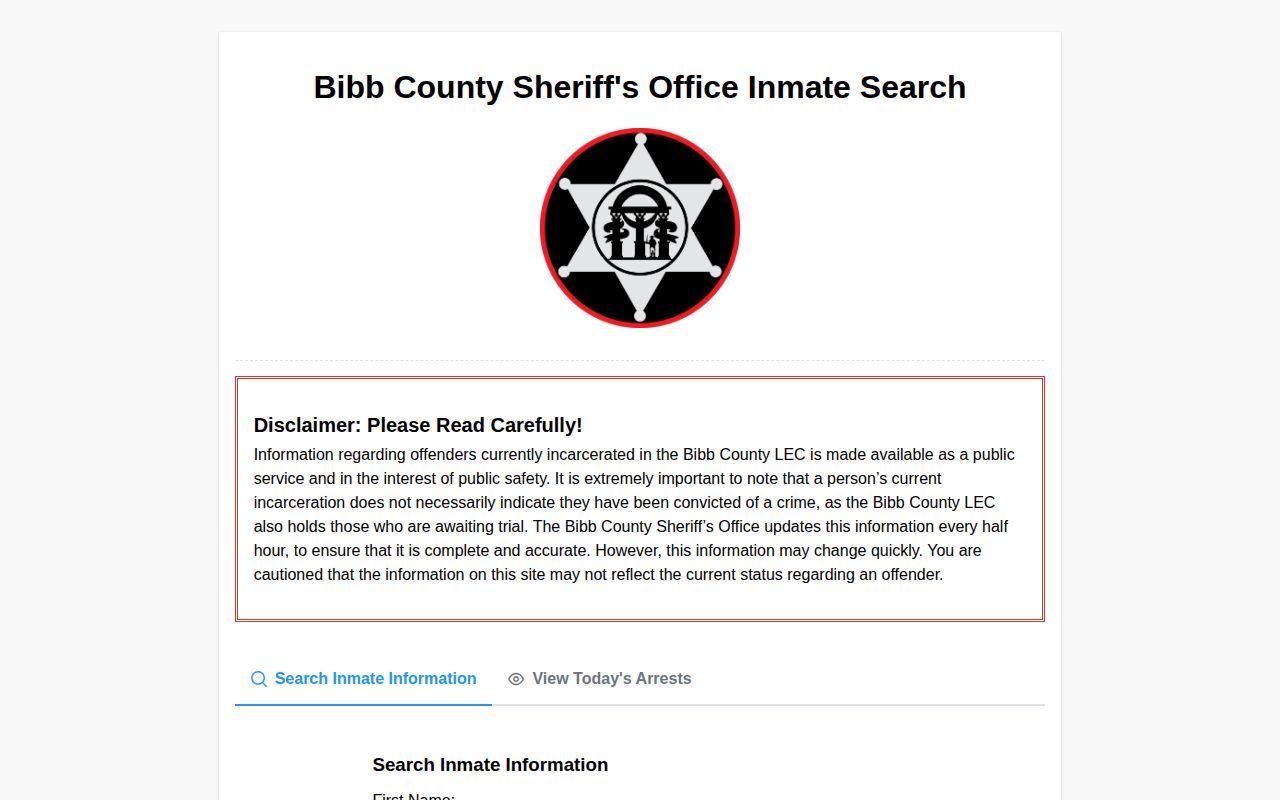 Bibb County Sheriff current custody inmate search form without booking photos