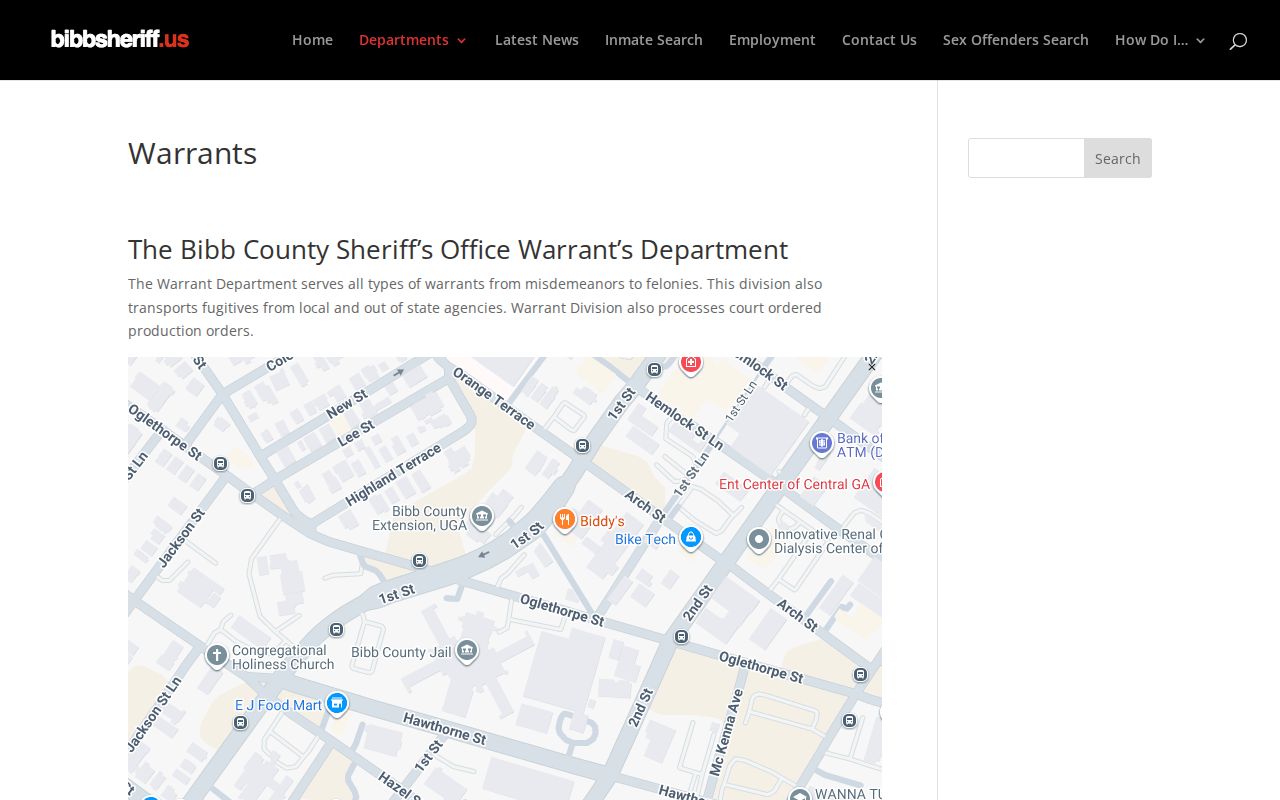 Bibb County Sheriff's Office warrant department contact information and no public name search