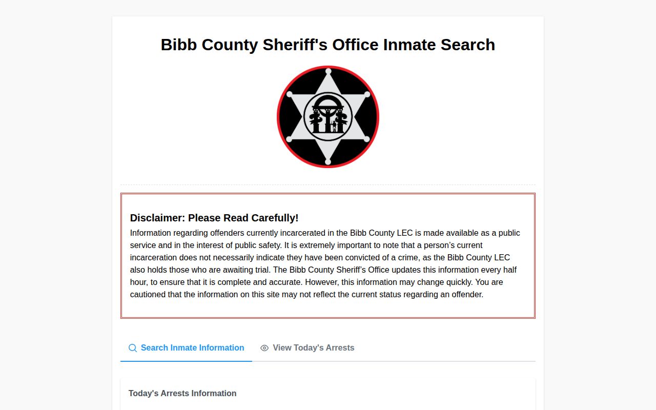 Bibb County same-day arrests route showing booking text without photos